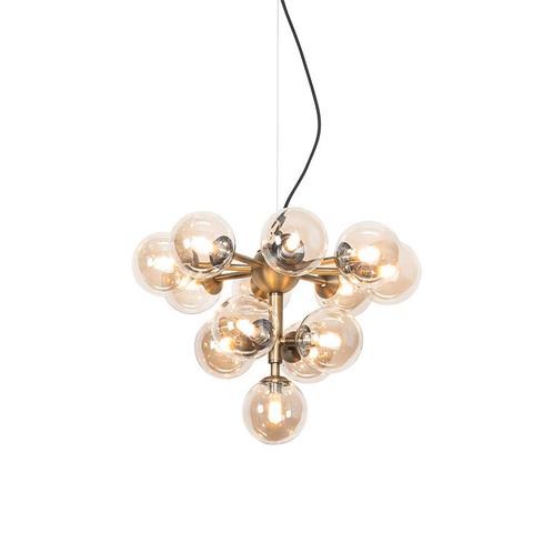 Hanglamp brons met amber glas 13-lichts - Bianca, Huis en Inrichting, Lampen | Hanglampen, Nieuw, Glas, 75 cm of meer