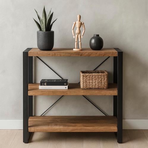 Boekenkast Mangohout Britt Laag 90 cm, Huis en Inrichting, Kasten | Boekenkasten, 25 tot 50 cm, Nieuw, Overige houtsoorten, 100 tot 150 cm