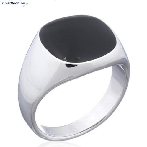 Zilveren zegelring uniseks zwarte agaat vierkant, Sieraden, Tassen en Uiterlijk, Ringen, Nieuw, Verzenden