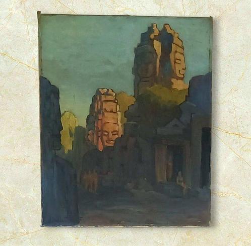 Franse school (XIX) - Têtes du Temple du Bayon à ANGKOR VAT, Antiek en Kunst, Kunst | Schilderijen | Klassiek