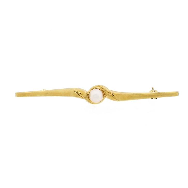 Vintage gouden broche met cultivé parel (zoetwater parel), Sieraden, Tassen en Uiterlijk, Broches, Overige kleuren, Gebruikt, Met edelsteen