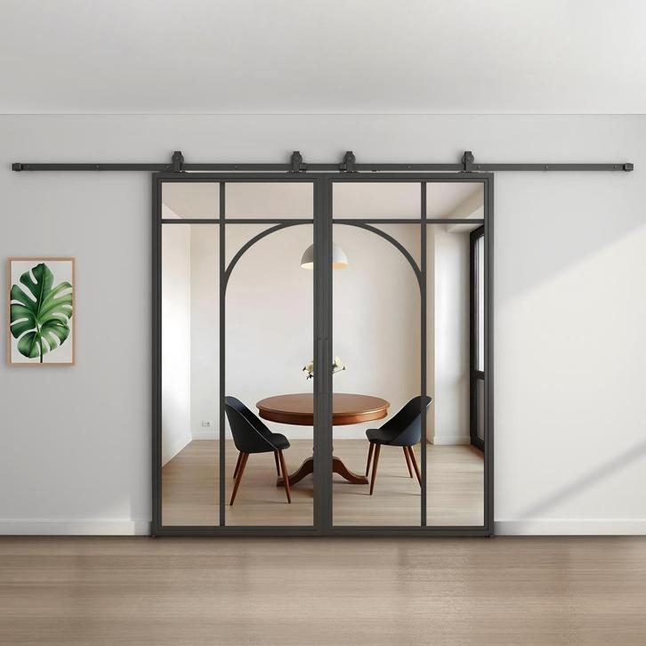 Dubbele stalen schuifdeur Zwart 5 Vlaks rond Helder glas, Doe-het-zelf en Verbouw, Kozijnen en Schuifpuien, Inclusief glas, Nieuw