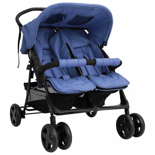 vidaXL Tweelingkinderwagen staal marineblauw, Kinderen en Baby's, Kinderwagens en Combinaties, Nieuw, Verzenden