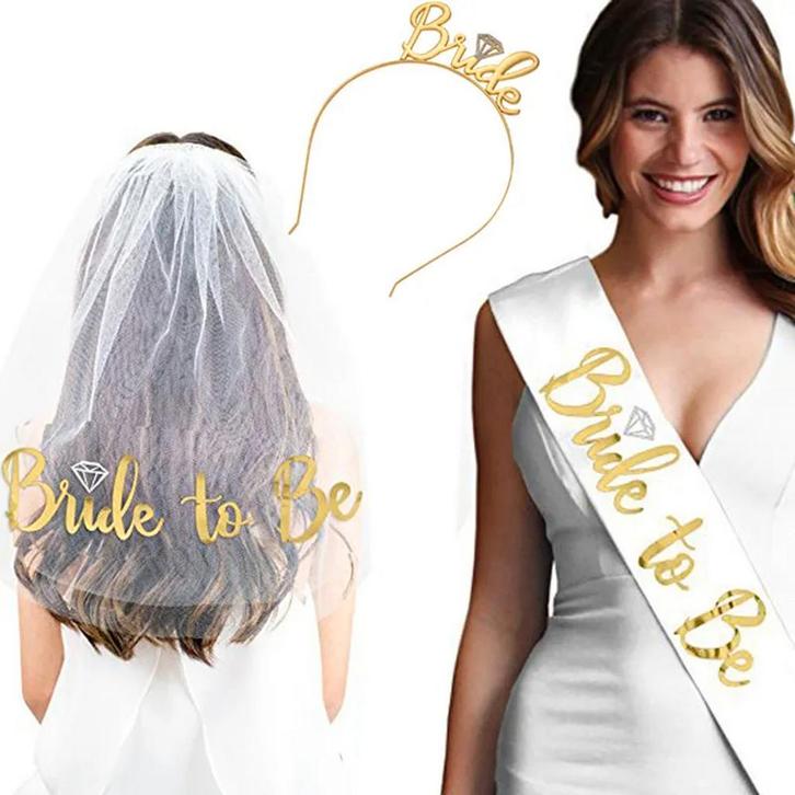 3-delige Bride to Be set wit met goud, Kleding | Dames, Trouwkleding en Trouwaccessoires, Wit, Nieuw, Accessoires, Verzenden