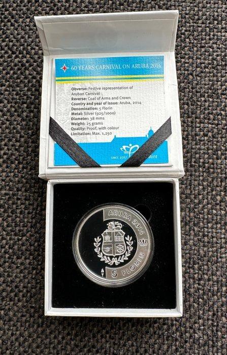 Aruba. 5 Florin 2014 60 jaar Carnaval (Proof) in cassette, Postzegels en Munten, Munten | Nederland