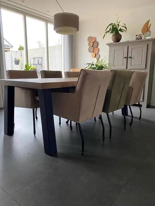 Set van 6 leren eetkamerstoelen - met armleuning en, Huis en Inrichting, Stoelen, Nieuw, Leer, Ophalen of Verzenden