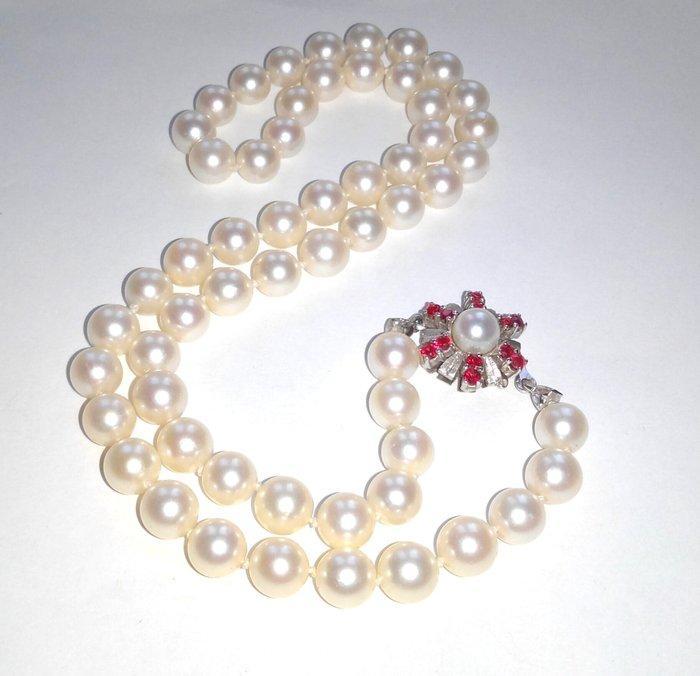 Halsketting 14 kt witgoud - egale Akoya parels - robijnen -, Sieraden, Tassen en Uiterlijk, Kettingen