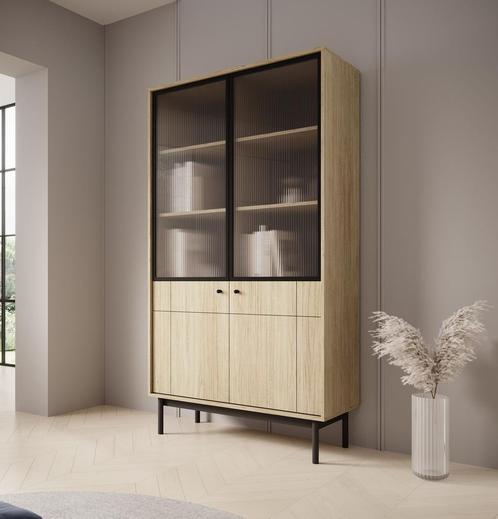 Meubella Vitrinekast eiken opbergkast 104cm | Gegroefd glas, Huis en Inrichting, Kasten | Vitrinekasten, 25 tot 50 cm, Nieuw, 150 tot 200 cm