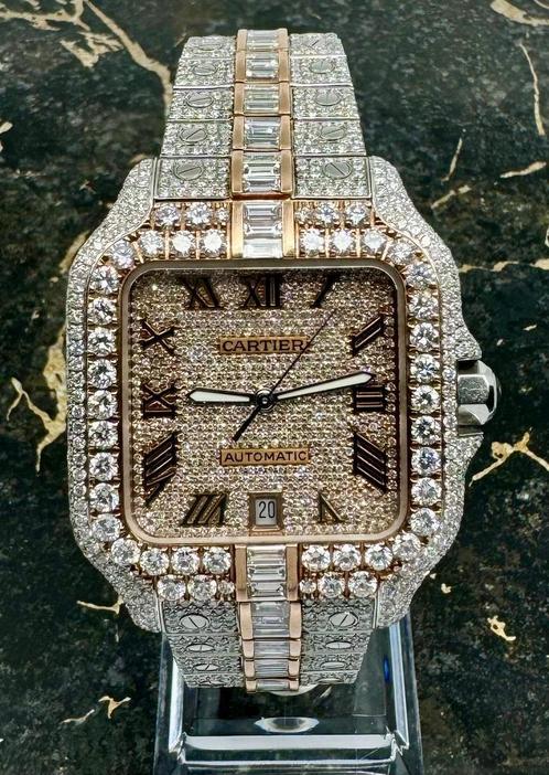 Cartier Santos Rose Iced Out baguette Black Roman Dial, Sieraden, Tassen en Uiterlijk, Horloges | Heren, Goud, Nieuw, Goud, Overige merken