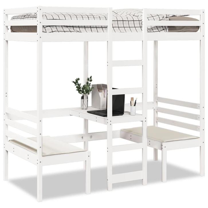 vidaXL Hoogslaper met bureau en stoelen grenenhout wit, Huis en Inrichting, Slaapkamer | Bedden, 90 cm, 200 cm, Wit, Eenpersoons