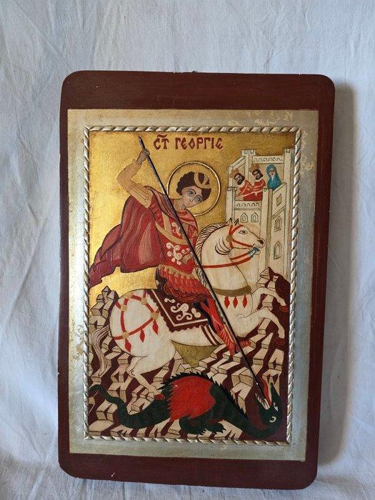 Icoon - Joris de Drakendoder - Hout - Met de hand, Antiek en Kunst, Antiek | Boeken en Bijbels