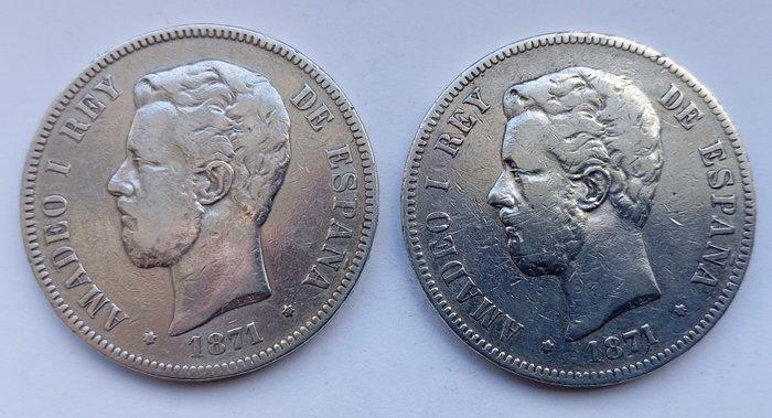 Spanje. Amadeo I. 5 Pesetas 1871*71- 1871*74 (Lote de 2, Postzegels en Munten, Munten | Europa | Niet-Euromunten