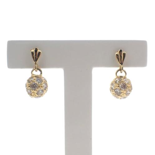 Geelgouden oorbellen met bolletjes hanger; zirconia, Sieraden, Tassen en Uiterlijk, Oorbellen, Overige kleuren, Gebruikt, Goud
