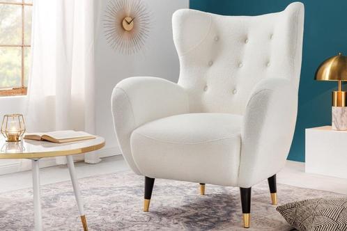 Retro design fauteuil DON wit Bouclé stof veerkern gouden, Huis en Inrichting, Fauteuils, Ophalen of Verzenden