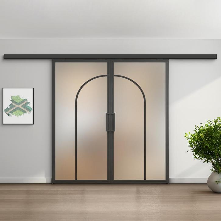 Dubbele stalen schuifdeur koofsysteem Zwart -2 Vlaks rond Ma, Doe-het-zelf en Verbouw, Kozijnen en Schuifpuien, Nieuw, 75 tot 150 cm