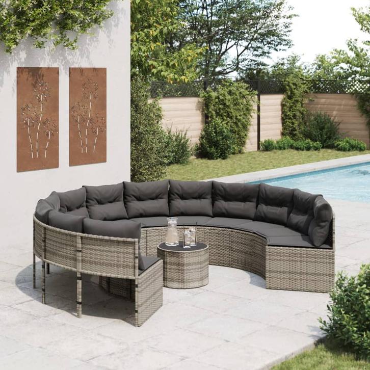 vidaXL Tuinbank met tafel en kussens rond poly rattan grijs, Tuin en Terras, Tuinsets en Loungesets, Nieuw, Rotan, Verzenden