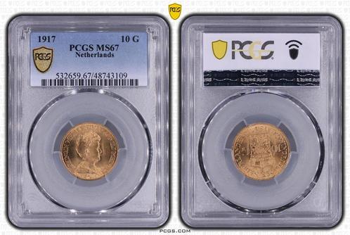 Gouden Wilhelmina 10 gulden 1917 MS67 gecertificeerd PCGS, Postzegels en Munten, Munten | Nederland, Losse munt, 10 gulden, Koningin Wilhelmina