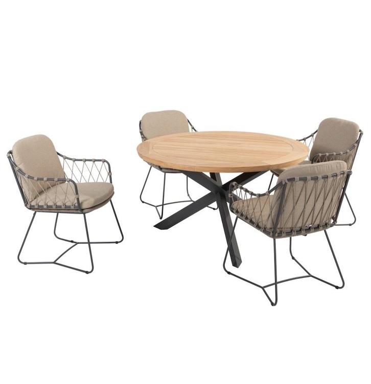 Prego Prado dining tuinset 130 cm rond 5 delig taupe teak, Tuin en Terras, Tuinsets en Loungesets, Nieuw, Ophalen of Verzenden