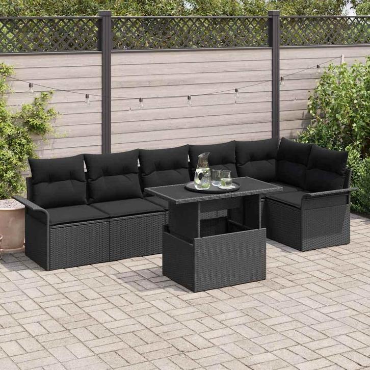 vidaXL Tuin Sofa Set met kussen 7 pcs Zwart Poly riet, Tuin en Terras, Tuinsets en Loungesets, Nieuw, Rotan, Verzenden