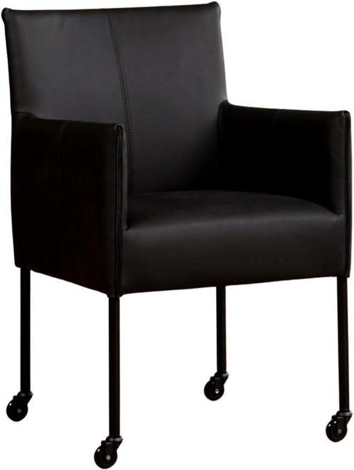 Zwarte leren moderne kuipstoel - poot rond zwart met wiel -, Huis en Inrichting, Stoelen, Eén, Overige kleuren, Nieuw, Leer, Ophalen of Verzenden