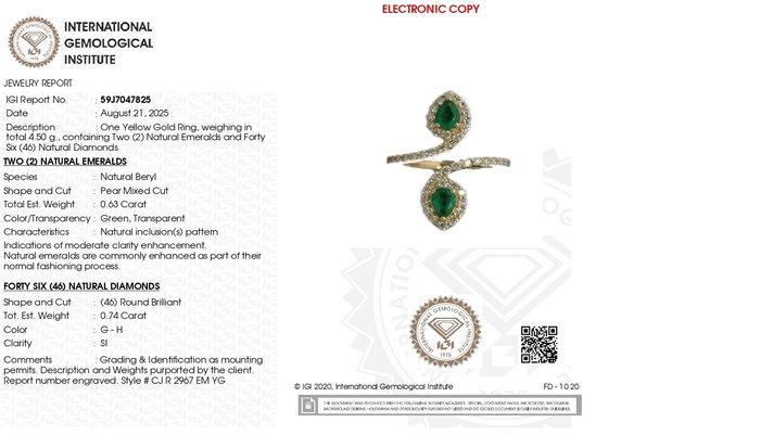 Verlovingsring - 14 karaat Geel goud - 1.37ct. tw. Smaragd -, Sieraden, Tassen en Uiterlijk, Antieke sieraden