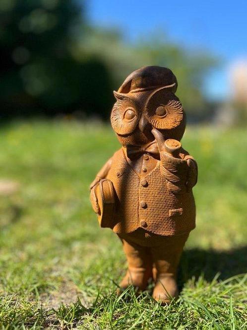 Beeld, Wijze uil met pijp - 19 cm - Gietijzer, Antiek en Kunst, Kunst | Designobjecten