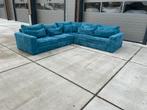 Prachtige blauwe grote ribstof hoekbank, 250 tot 300 cm, 100 tot 125 cm, Hoekbank, Zo goed als nieuw