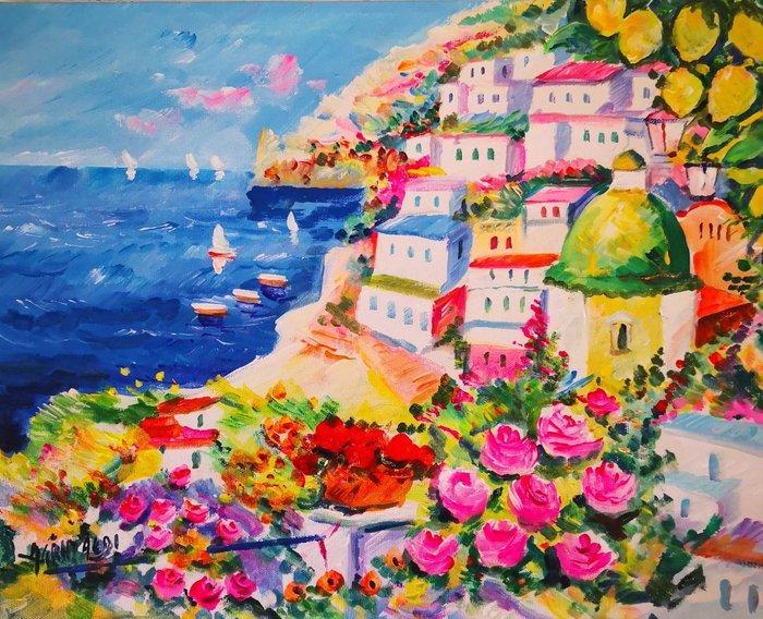Alfredo Grimaldi (1950) - I Colori della Costiera (Positano), Antiek en Kunst, Kunst | Schilderijen | Klassiek