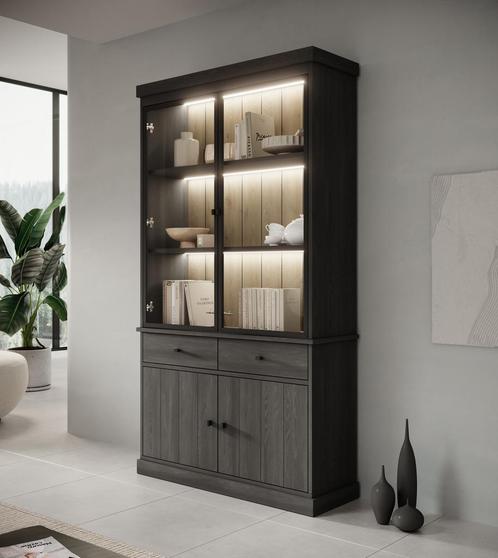 Meubella | Buffetkast zwart eiken 124cm - Vitrinekast, Huis en Inrichting, Kasten | Buffetkasten, 25 tot 50 cm, Nieuw, 200 cm of meer