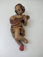 Snijwerk, Holzfigur - farbiger Engel mit goldenen Haarband, Antiek en Kunst