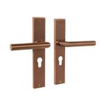 Geveerde deurklink Ferro mat brons op schild met cilinder..., Ophalen of Verzenden, Nieuw, IJzer, Klink of Kruk