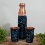 Puur koperen set van fles bloemenprint blauw ± 950 ml met 2, Nieuw
