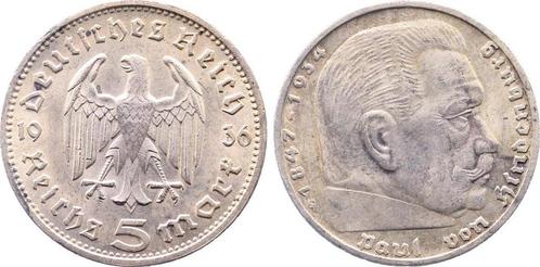 Duitsland 5 Reichsmark Hindenburg 1936 G vz/st J 360 zilver, Postzegels en Munten, Munten | Europa | Niet-Euromunten, Verzenden