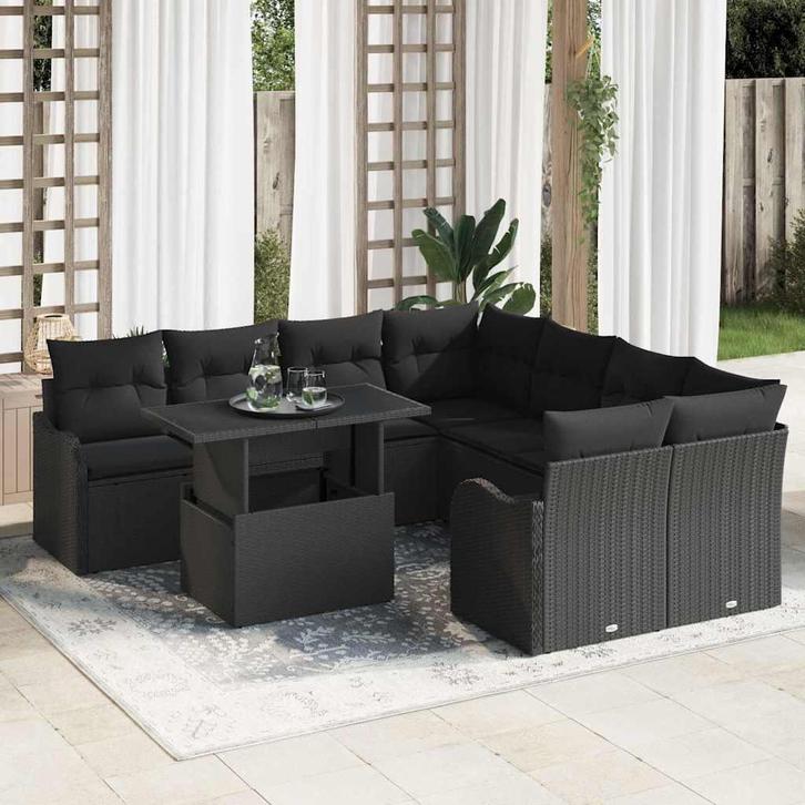 vidaXL Tuin Sofa Set met kussen 9 pcs Zwart Poly riet, Tuin en Terras, Tuinsets en Loungesets, Nieuw, Rotan, Verzenden