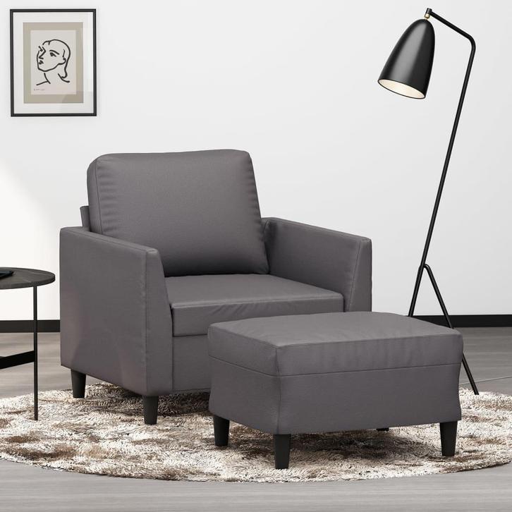vidaXL Fauteuil met voetenbank 60 cm kunstleer grijs, Huis en Inrichting, Banken | Bankstellen, Nieuw, Minder dan 150 cm, Leer
