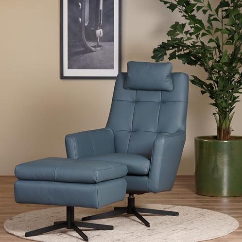 Leren draaifauteuil - Toledo Leer Whale + hocker en nekkusse, Huis en Inrichting, Fauteuils, 75 tot 100 cm, 75 tot 100 cm, Nieuw