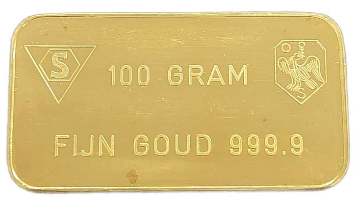 100 gram goudbaar Schone NV Amsterdam (zie ontwerp), Postzegels en Munten, Edelmetalen en Baren, Goud, Verzenden