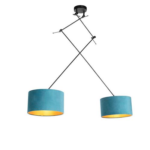 Hanglamp zwart met velours kappen blauw met goud 35 cm, Huis en Inrichting, Lampen | Hanglampen, Nieuw, Overige materialen, 75 cm of meer