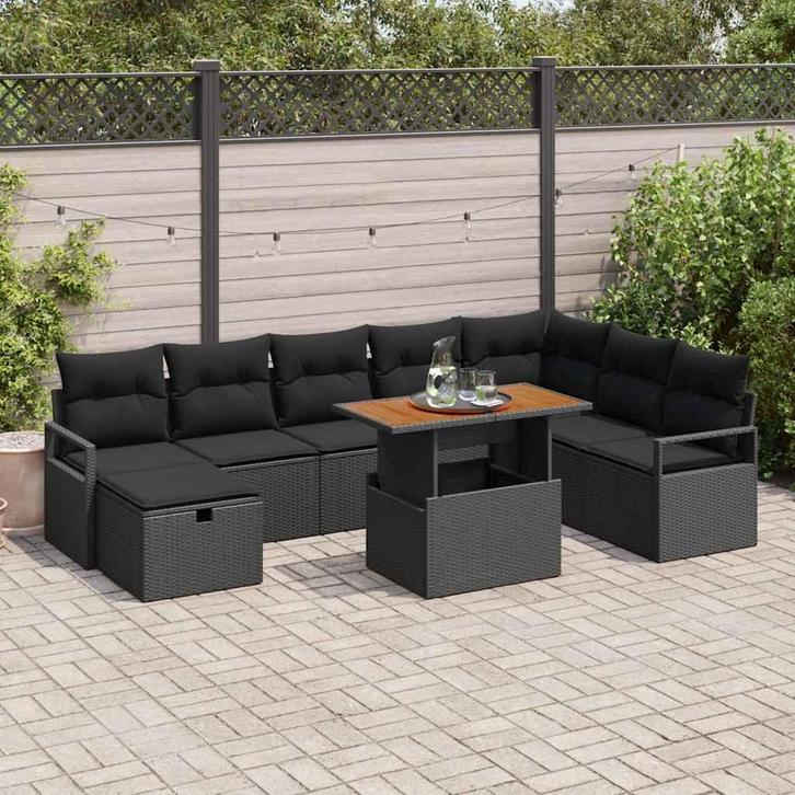 vidaXL Tuinbankenset met kussen met opslag 9 pcs Zwart poly, Tuin en Terras, Tuinsets en Loungesets, Nieuw, Rotan, Verzenden