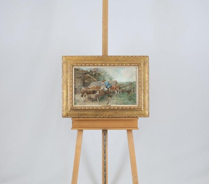 Willem Hendrik van der Nat (1864–1929) - Koeien voeren, Antiek en Kunst, Kunst | Schilderijen | Klassiek