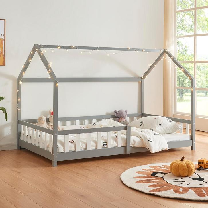 Kinderbed Hesel huisbed met uitvalbeveiliging 140x200 cm gri, Kinderen en Baby's, Kinderkamer | Bedden, Verzenden