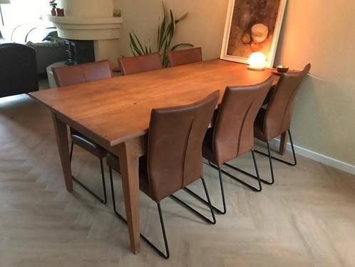 Set van 6 leren eetkamerstoelen - met designpoot - cognac kl, Huis en Inrichting, Stoelen, Overige kleuren, Nieuw, Leer, Ophalen of Verzenden