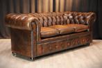Engelse Chesterfield 3-zitsbank, rundleer, Tabacco Brown, Huis en Inrichting, Chesterfield, Driepersoons, 75 tot 100 cm, Ophalen of Verzenden