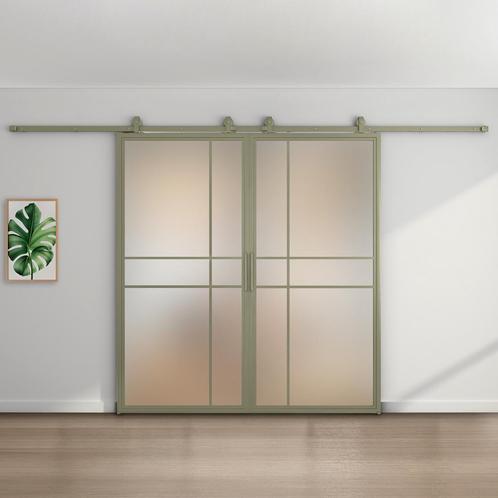 Dubbele stalen schuifdeur 6 Vlaks Olijfgroen Mat glas Luxe d, Doe-het-zelf en Verbouw, Kozijnen en Schuifpuien, Inclusief glas