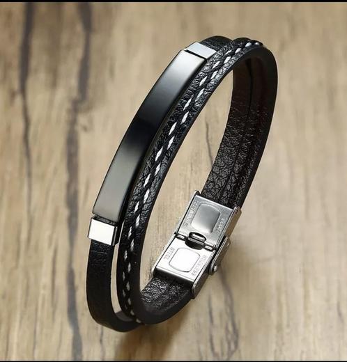 Lederen heren mannen armband men met zwart metalen element, Sieraden, Tassen en Uiterlijk, Armbanden