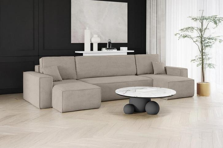 Slaapbank Ribstof Karlo Beige | U-bank | €649,-, Huis en Inrichting, Slaapkamer | Slaapbanken, Overige maten, Overige maten, Wit