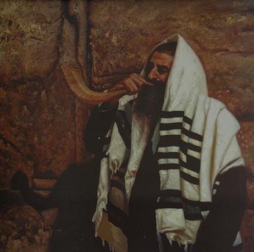 Originele Litho: Man met Tallit en Shofar bij de Muur in ..., Huis en Inrichting, Woonaccessoires | Overige, Verzenden