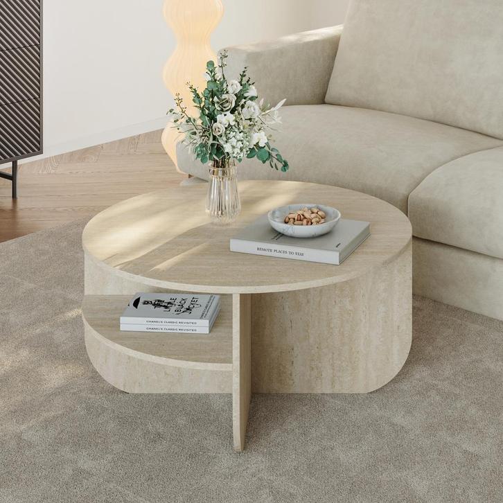 Salontafel Reykhon rond Ø80x41 cm travertijn [en.casa], Huis en Inrichting, Tafels | Salontafels, Verzenden