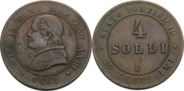 4 Soldi 1868, Italien-kirchenstaat/vatikanstadt Pius Ix 1..., Postzegels en Munten, Munten | Europa | Niet-Euromunten, Verzenden