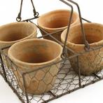 Bloempot - Staal, Terracotta - 4 potten in draadmand., Antiek en Kunst